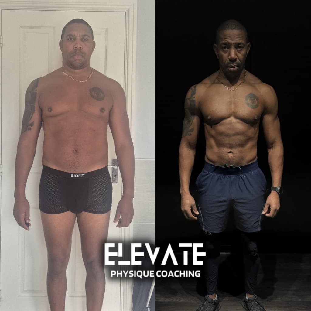 Before and after physique transformation, Elevate Physique Coaching client result 1